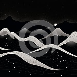 Minimalist Black And White Mountain Illustration With Serene Seascape