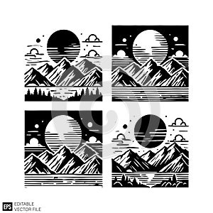 Minimalist Black and White Mountain Landscape Vector Illustrations Set