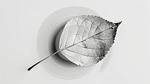 A minimalist black and white photograph showcasing a single leaf delicately positioned on a blank canvas creating a photo