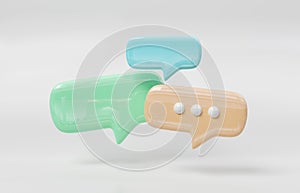 Minimalist blue green and yellow speech bubbles talk icons floating over white background. Modern conversation or social media