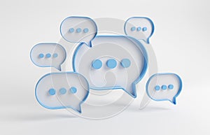Minimalist blue speech bubbles talk icons floating over white background. Modern conversation or social media messages with shadow