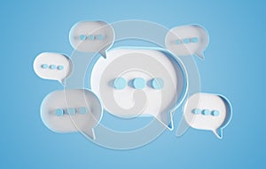 Minimalist blue and white speech bubbles talk icons floating over background. Modern conversation or social media messages with