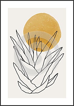 Minimalist botanical line art composition with leaves abstract collage