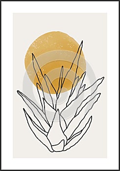 Minimalist botanical line art composition with leaves abstract collage