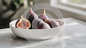 A minimalist bowl of fresh figs placed on a clean white ceramic tray