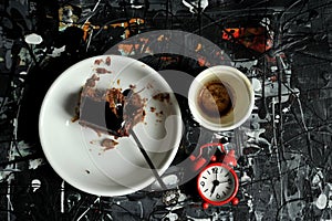 Minimalist breakfast with coffee and chocolate cake