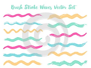 Minimalist brush stroke waves vector set. Hand drawn pink blue brushstrokes, ink splashes,