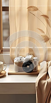 Minimalist Brushwork: Canon Af35m Camera And Mug On Window Sill