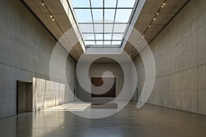 A minimalist brutalist museum gallery, featuring vast, empty concrete halls, a singular large art photo