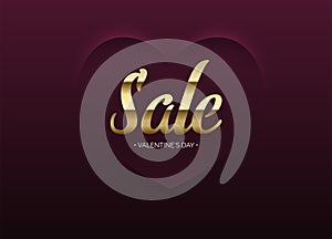 Minimalist burgundy dark red soft 3D heart shape abstract frame. Sale golden text. Valentine`s day sale vector design illustratio