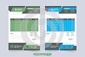 Minimalist business invoice design with abstract shapes. Professional invoice template vector with blue and green colors. Creative