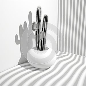 Minimalist Cactus Plant And Striped Wall: Luminous 3d Objects For Modern Design