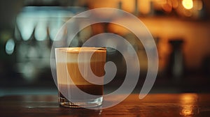 In a minimalist cafe ambiance, a striking shot captures the layers of foam atop dark coffee in a Macchiato, evoking boldness photo