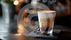 A minimalist cafe setting frames a dramatic and bold shot of a Macchiato, highlighting its rich foam layer and dark coffee photo