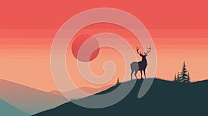 Minimalist Caribou Illustration On Sunset Hill