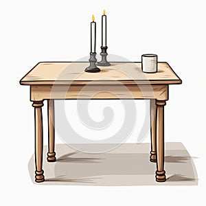 Minimalist Cartoon Drawing Of An Old Wooden Table With Candle And Chairs