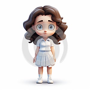 Minimalist Cartoon Girl With Dark Hair In White Dress And Shoes