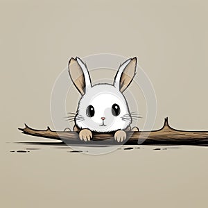Minimalist Cartoon Rabbit Illustration On Branch