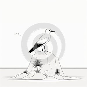 Minimalist Cartooning: Black And White Seagull On Cliff Above Shore