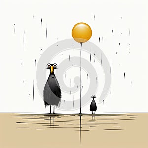 Minimalist Cartooning: Crows In The Rain With Gold Balls