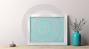 Minimalist Cartooning Empty White Frame With Green Painted Frame On Wooden Desktop