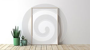 Minimalist Cartooning: White Frame On Wooden Floor With Plant