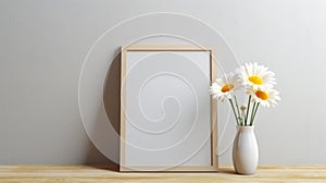 Minimalist Cartooning: Wooden Frame And Flower On Wooden Table