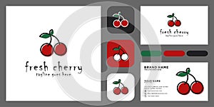 Minimalist Cherry logo design with line art style color Vector with business card template