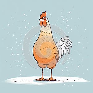 Minimalist Chicken Cartoon With Snow Falling Background