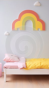 A minimalist child\'s bedroom with a rainbow wall sculpture in muted colors and a bed with pink and yellow bedding.