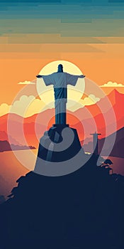 Minimalist Christ The Redeemer Sunset Wallpaper In Olly Moss Style
