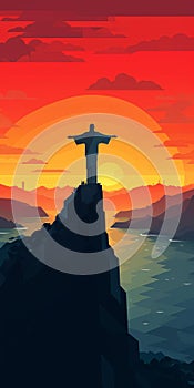 Minimalist Christ The Redeemer Sunset Wallpaper In Olly Moss Style