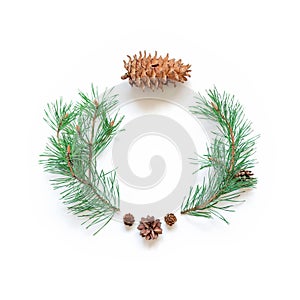 Minimalist Christmas layout. A big cone and natural branches of a pine with green needles are on a white background. New Year,