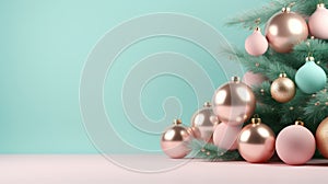 Minimalist Christmas Tree Decor In Pink And Gold On Turquoise Background