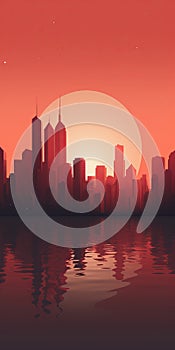 Minimalist City Sunrise Illustration With Dark Maroon And Crimson Tones