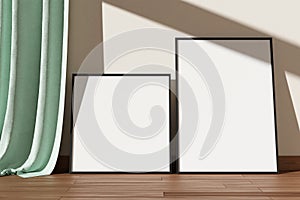 Minimalist and clean black poster or photo frame mockup on the wooden floor leaning against the room wall. 3D Rendering