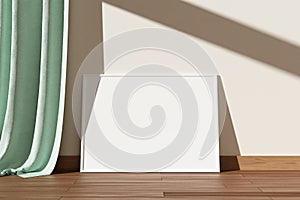 Minimalist and clean horizontal white poster or photo frame mockup on the wooden floor leaning against the room wall. 3D Rendering