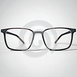 Minimalist close-up of stylish black rectangular eyeglasses with a modern design
