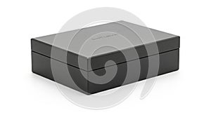 Closed Black Rectangular Gift Box with Embossed Logo on a White Background present packaging