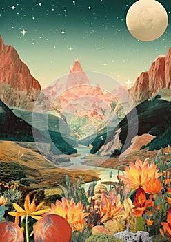 Minimalist collage of stars, planet, high rocks, river and plants, fragmented planes, collage-style paintings, bright