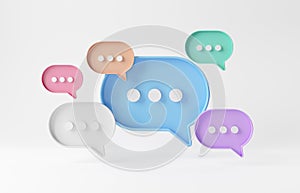 Minimalist colorful speech bubbles talk icons floating over white background. Modern conversation or social media messages with