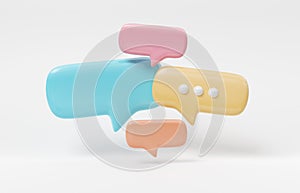 Minimalist colorful speech bubbles talk icons floating over white background. Modern conversation or social media messages with