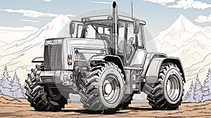 Minimalist coloring page: Backhoe loader in black and white. Created with Generative AI