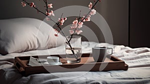 Minimalist Comforters Scene: Wooden Bed With Cherry Blossom Tray