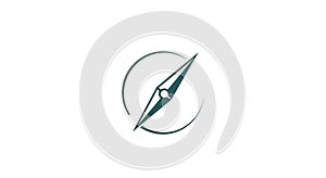 A minimalist compass design features a stylized needle within a partial circular