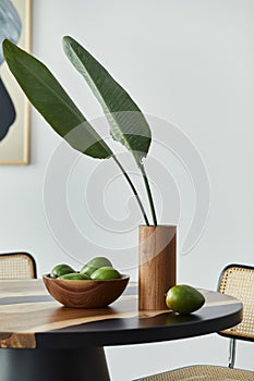 Minimalist composition on the design wooden table with fruits, tropical leaf in vase, abstract paintings and stylish chair. Modern