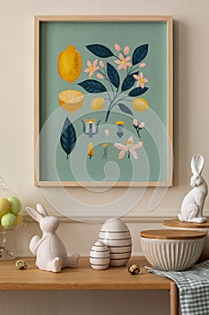 Minimalist composition of easter living room interior with mock up poster frame, wooden sideboard, easter bunny, stylish bowl,