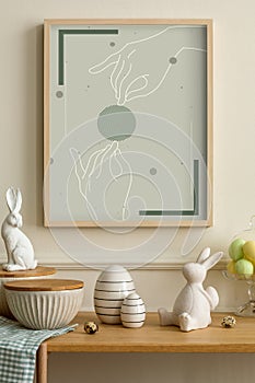 Minimalist composition of easter living room interior with mock up poster frame, wooden sideboard, easter bunny, stylish bowl,