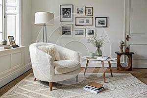 Elegant minimalist living room with white boucle armchair photo