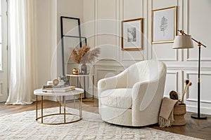 Minimalist elegant living room with boucle armchair photo